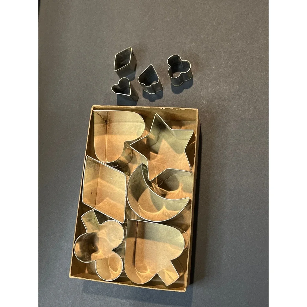 Vintage Metal Cookie Cutter Set Hearts Stars Moon Playing Card Suits 10 Pieces